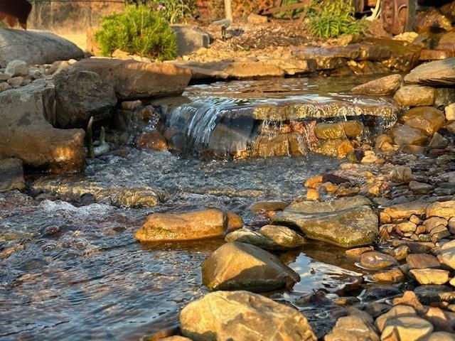 Rocky stream with a small waterfall flowing through sunlit woodland.