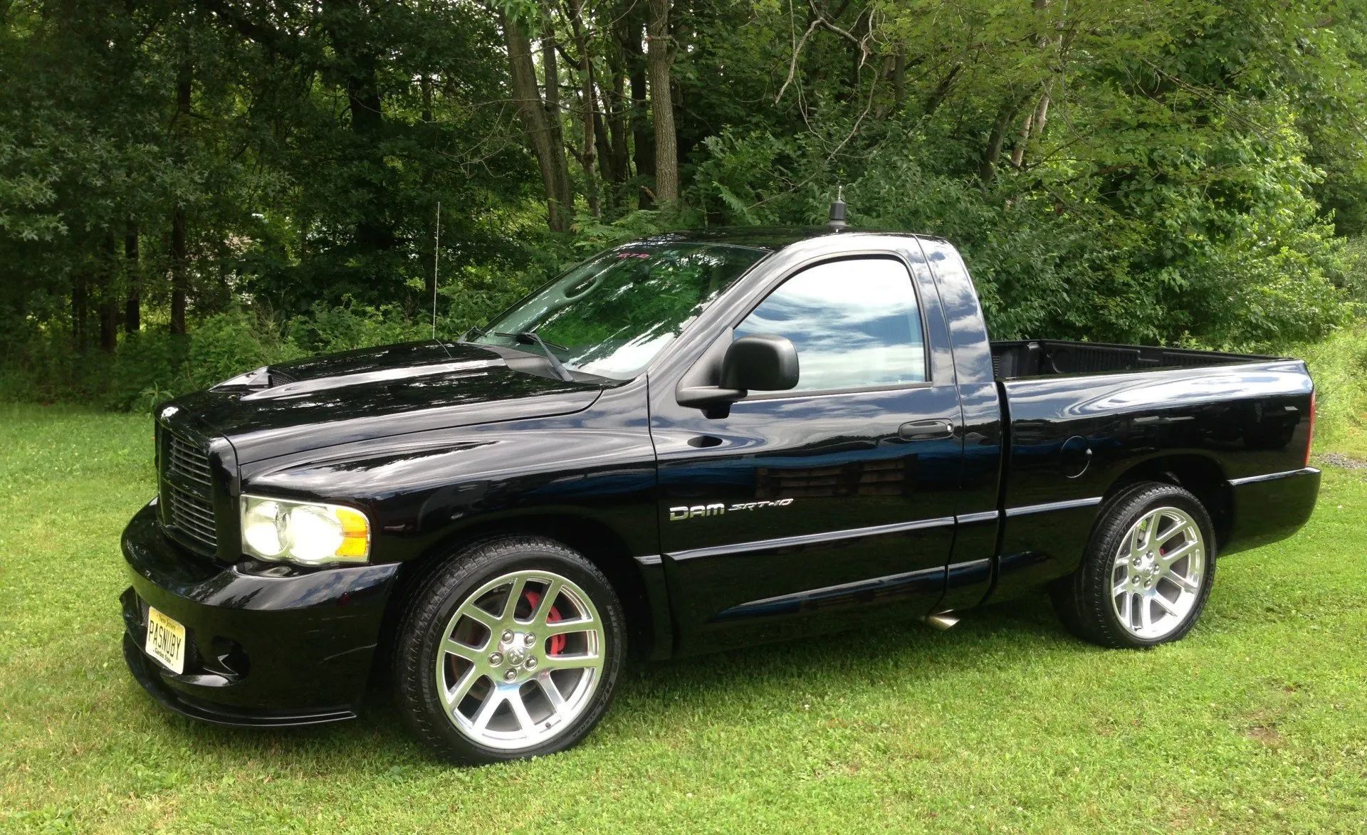 A black dodge ram truck is parked in a grassy field.