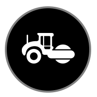 A white icon of a road roller inside a black circle with a grey border.