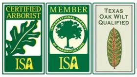 Three logos for certified arborist member ISA and Texas Oak Wilt Qualified.