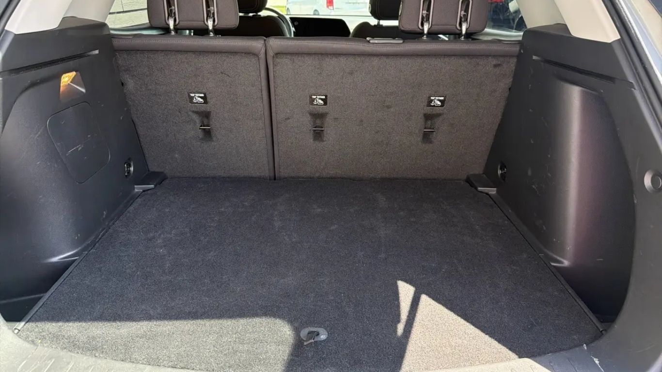Open SUV cargo area with black carpeted floor and folded rear seats.