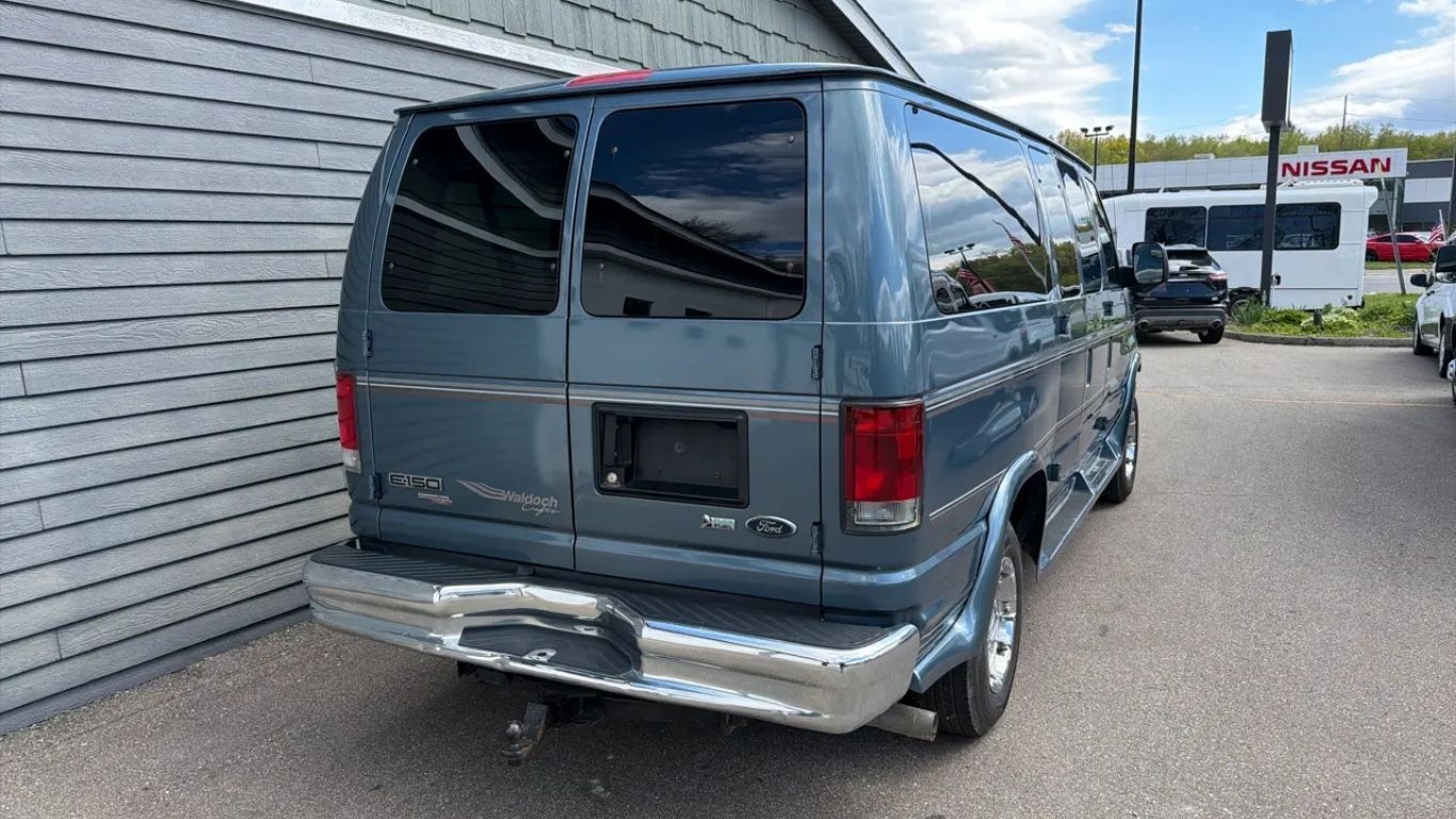 Gray cargo van parked beside a building in a lot, rear view with tinted windows and chrome bumper.