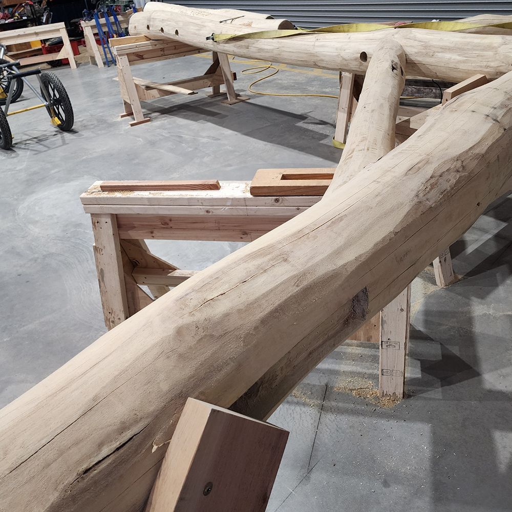 Large wooden beams, rough-hewn, resting on sawhorses in a workshop setting.