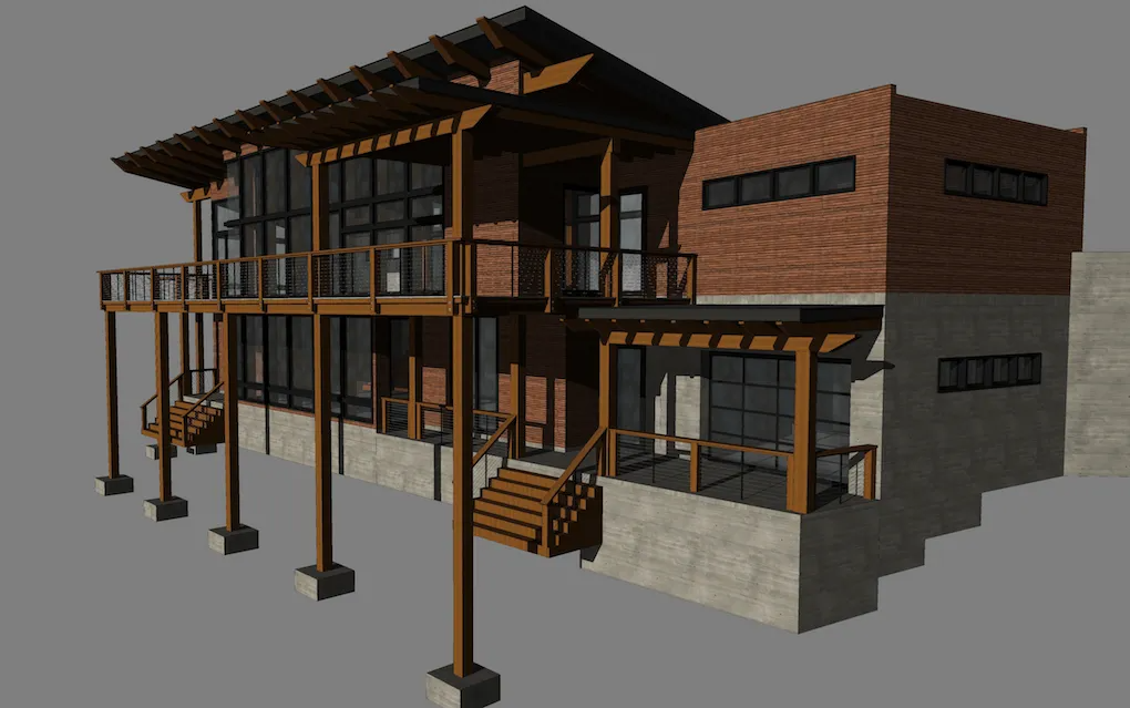 Modern two-story house with wooden beams, brick accents, and large windows on a concrete foundation.