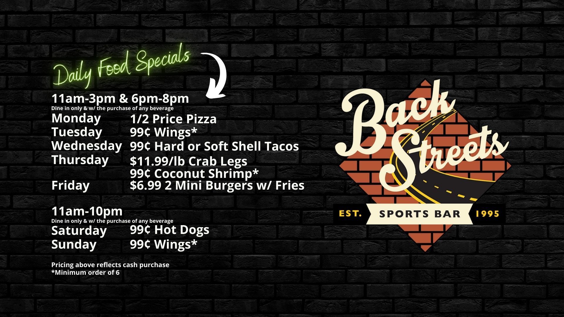 A sign for back streets sports bar advertises daily food specials