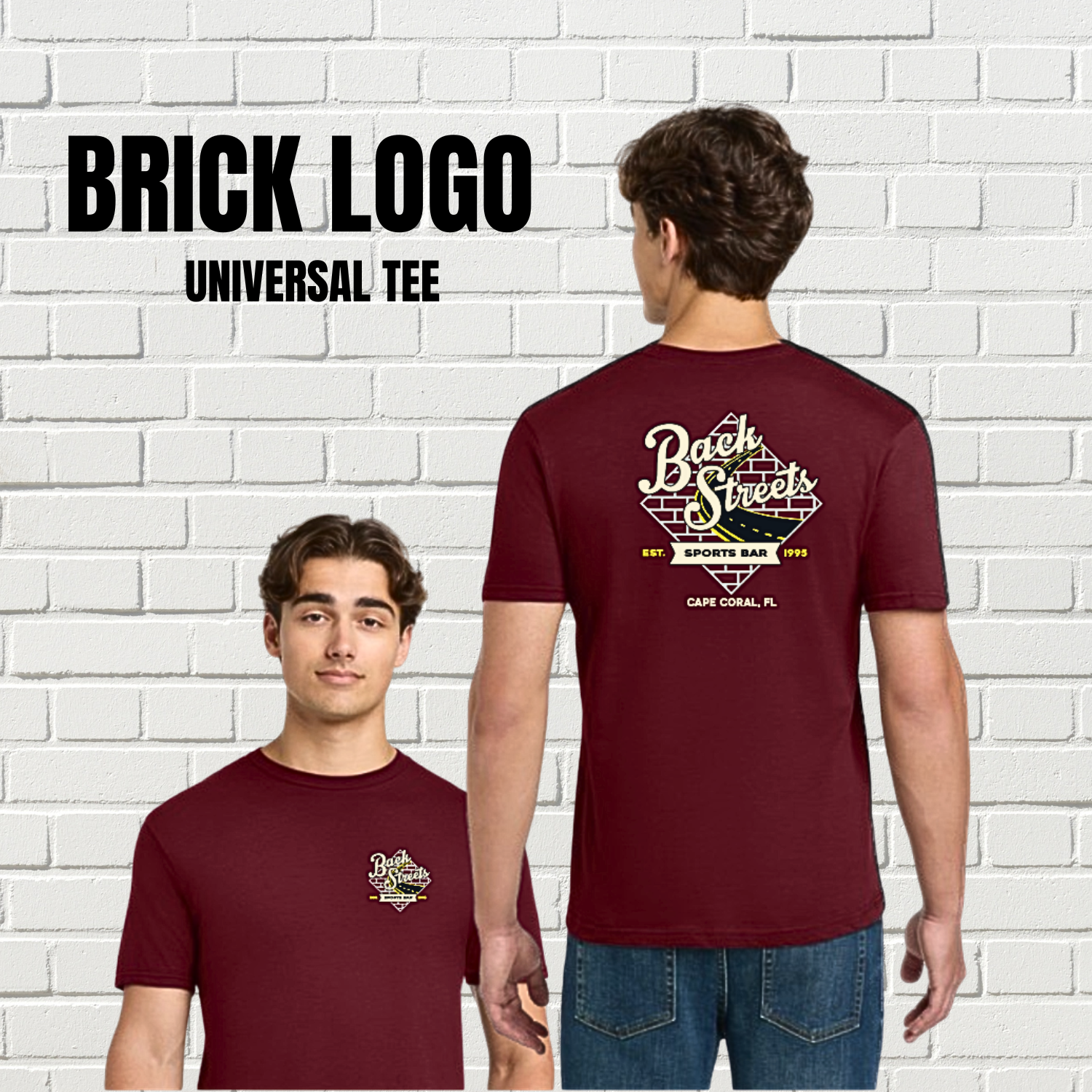 Maroon T-shirt with Brick Logo print shown front and back on a white brick wall background.