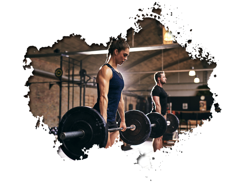 Woman and man lifting barbells in a gym.