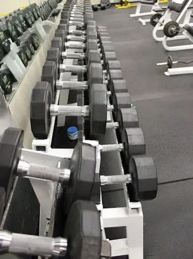 Rows of dumbbells on white racks in a gym. Dark weights with silver handles.
