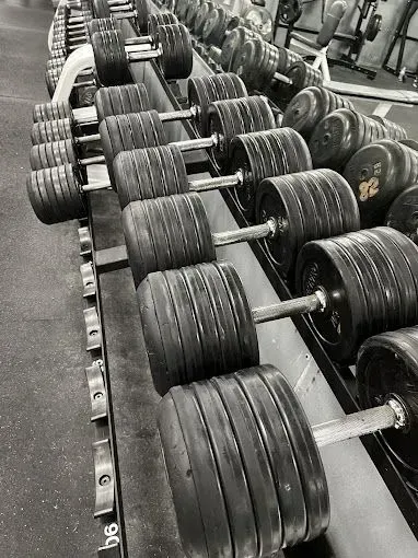 Dumbbells lined up on a rack in a gym, varying in size, in black and white.