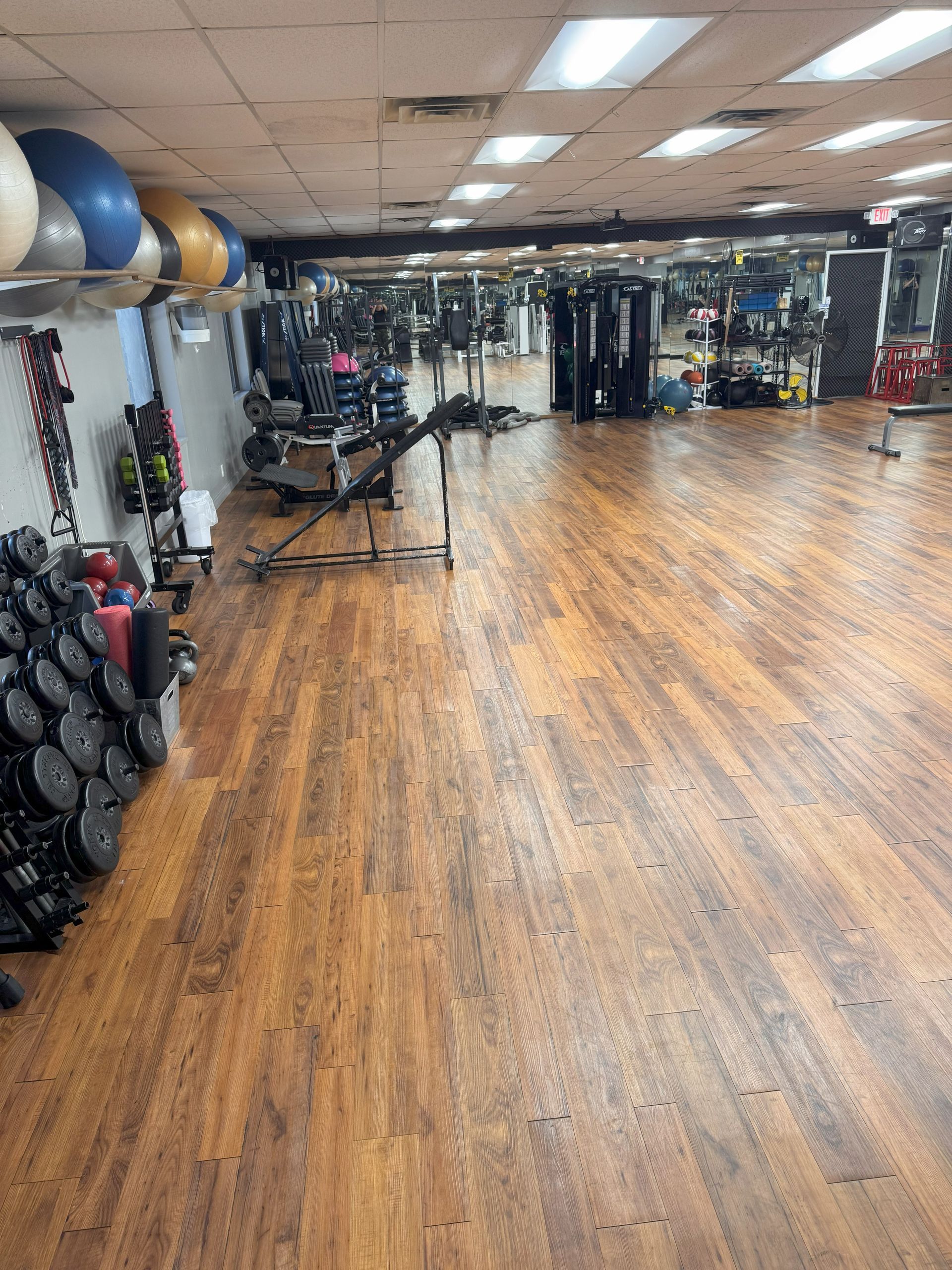 Gym interior with wooden floor, weights, exercise balls, mirrors, and various equipment.