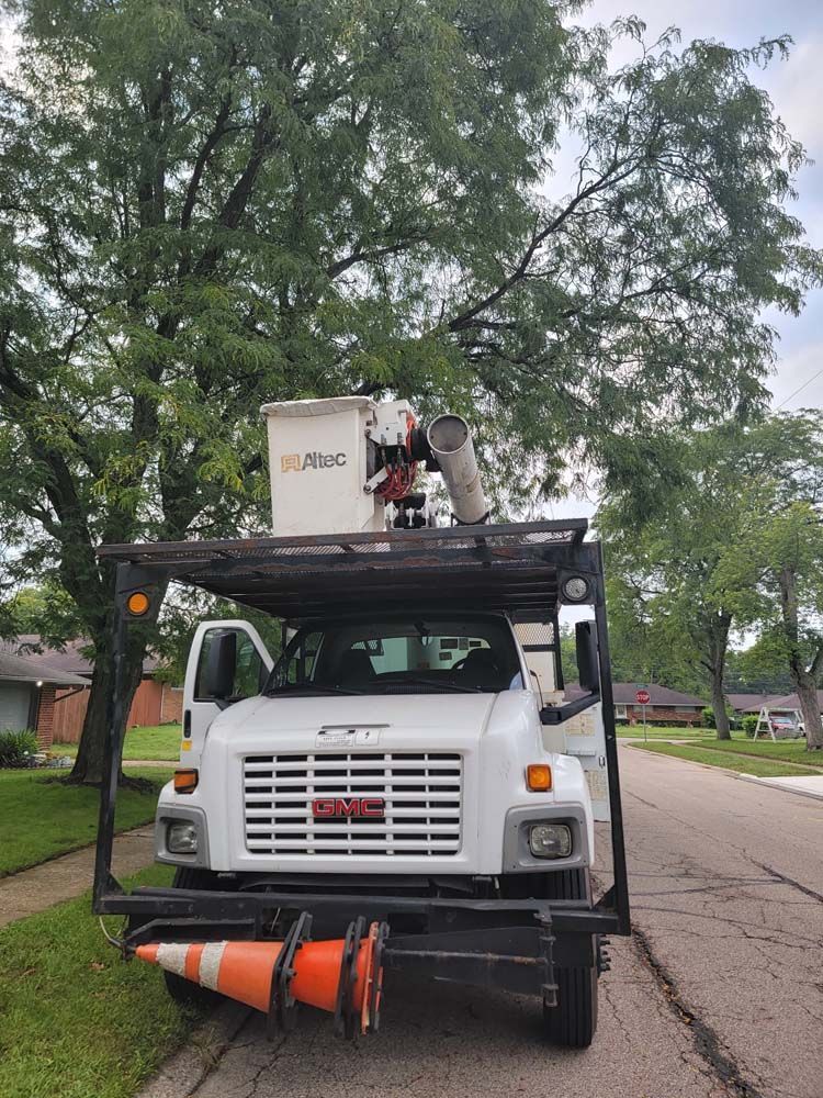White GMC tree trimming truck parked on a street; bucket extended, worker in bucket near a tall tree.