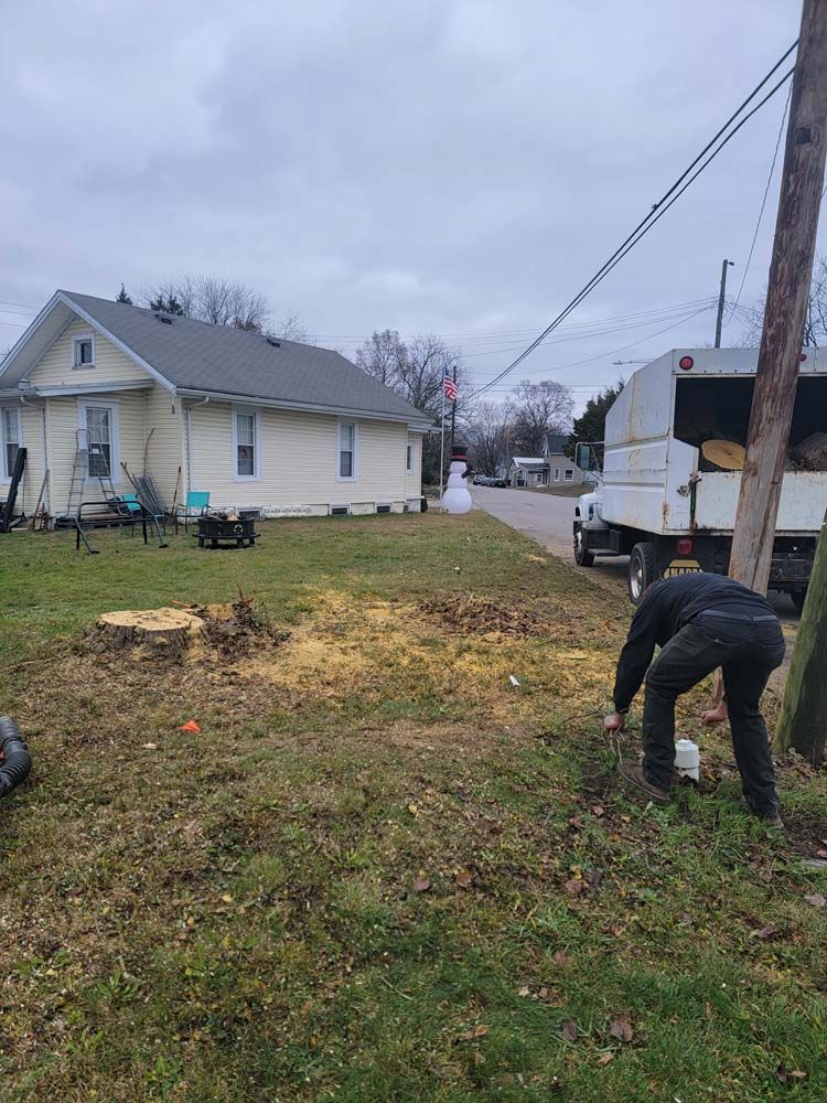 Person using a chainsaw to work on a tree stump in front of a house, with a truck parked nearby. Overcast sky.