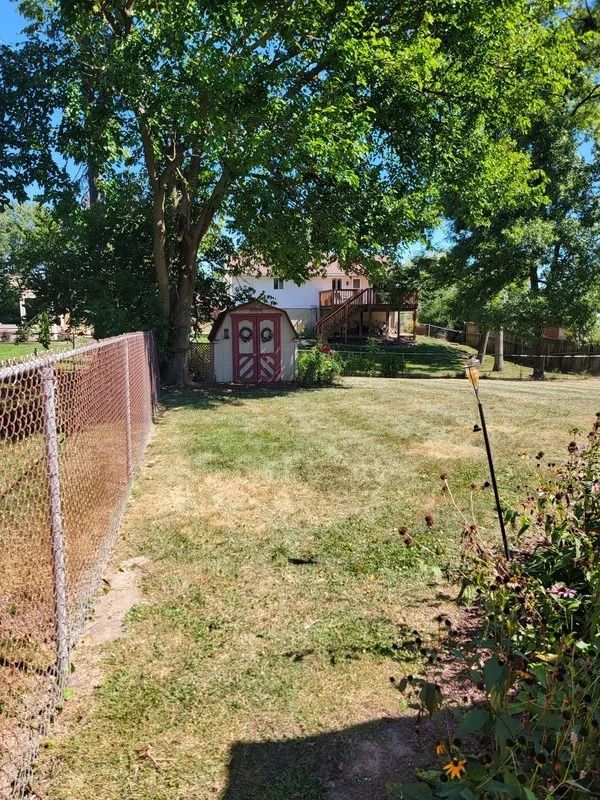 Backyard with chain-link fence, shed, and tree. House with deck in background. Green grass and blue sky.