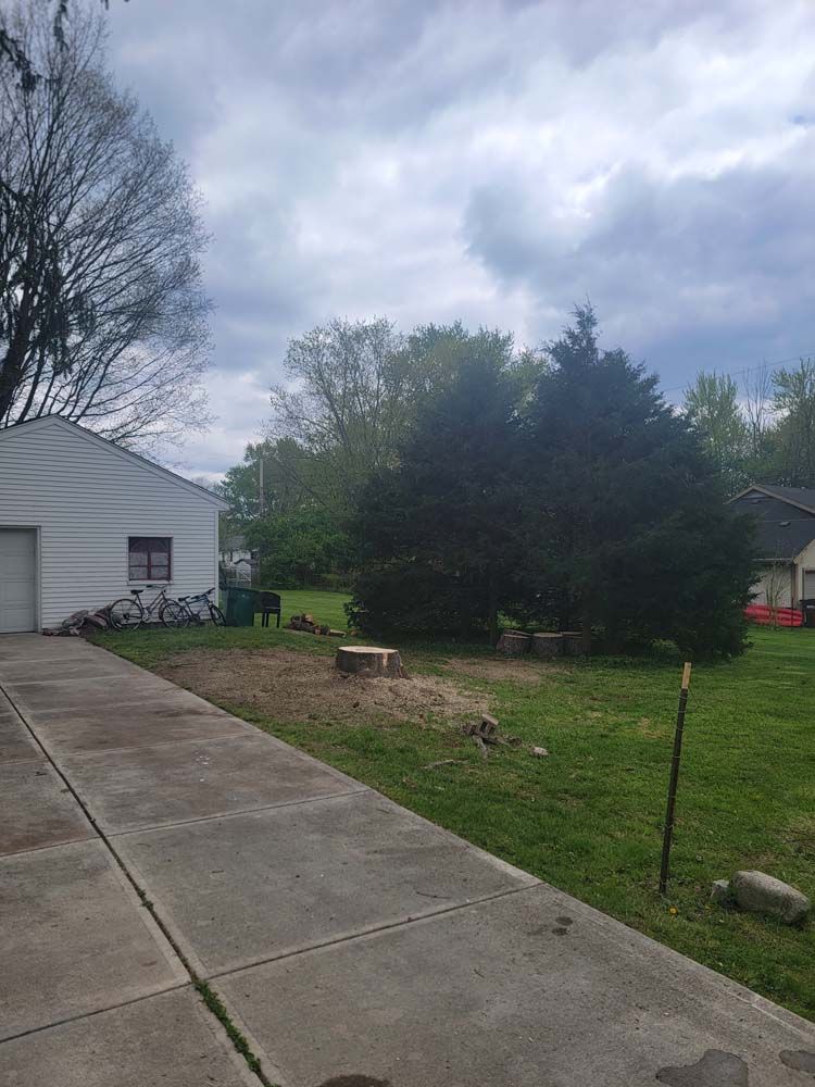 A driveway leads past a white garage, grassy yard, and a large evergreen tree under a cloudy sky.