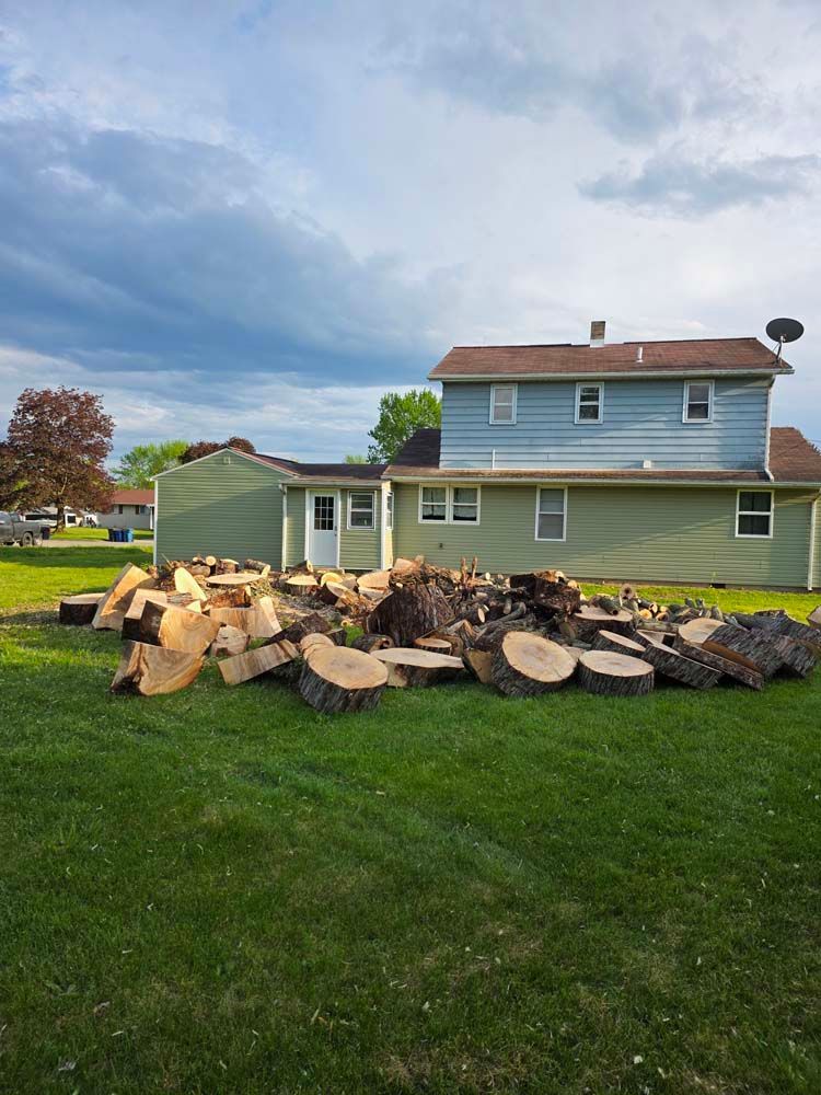 Pile of cut firewood on green grass in front of a two-story house with a blue exterior and cloudy sky.