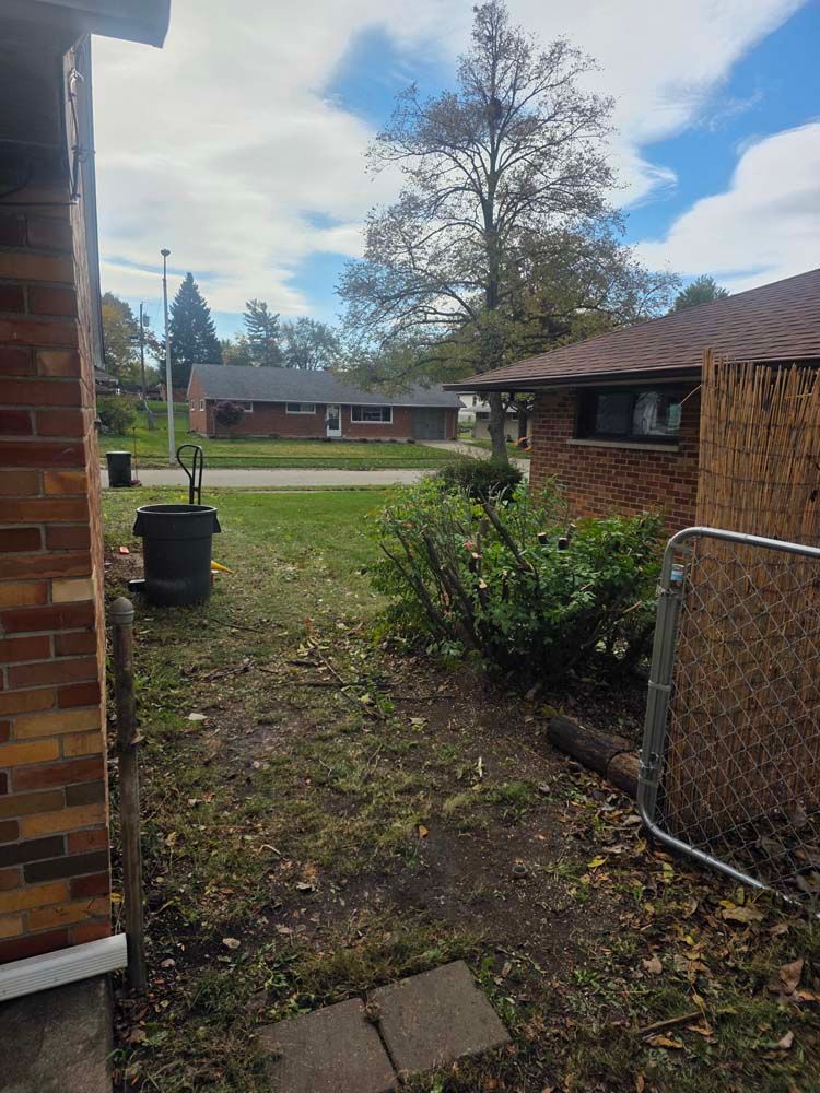 View of a yard with a brick house on the left, a house on the right, and a street with houses in the background.