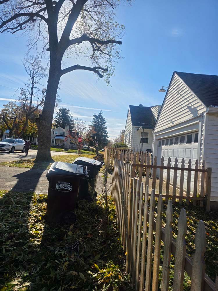 Street scene with parked cars, trash bins, and houses behind a picket fence on a sunny day.