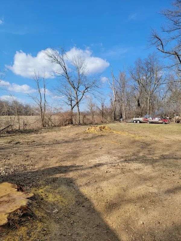 A bare dirt lot with leafless trees under a blue sky with clouds. A trailer is parked in the distance.