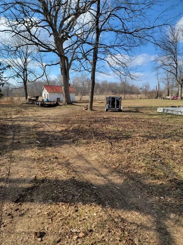 Dirt yard, small white building with a red roof, bare trees, bright sky.