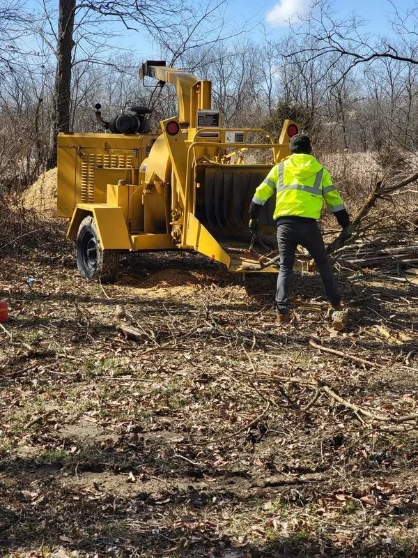 Yellow wood chipper with person in safety vest feeding branches in a wooded area.