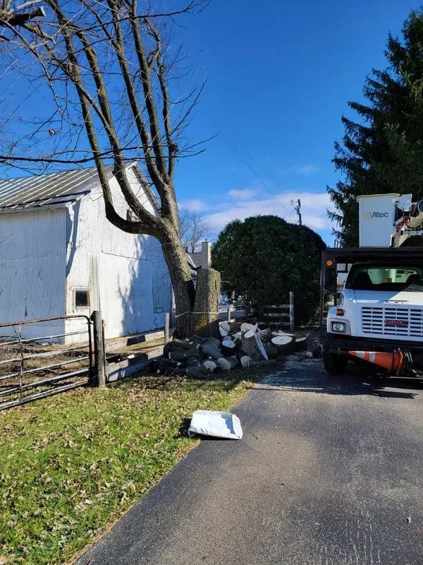 A white truck parked on a road beside a white building and a tree. Debris near the tree.