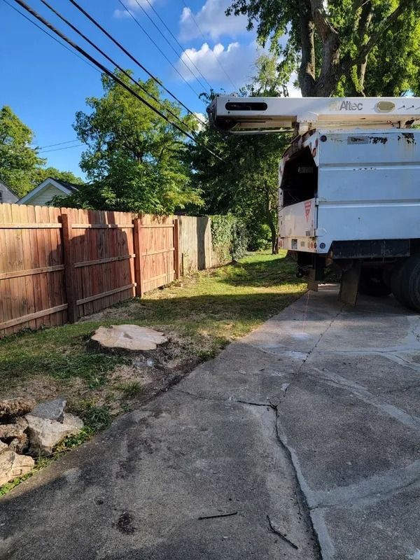 Truck parked next to a tree stump on a driveway, with a fence and trees in the background.