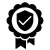 Black icon of a shield with a checkmark inside, centered within a scalloped badge shape with hanging ribbons.