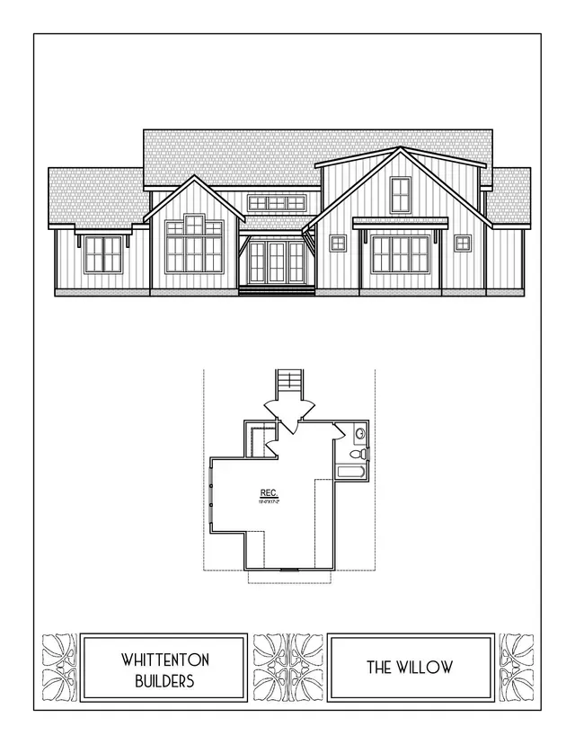 Black-and-white house elevation and floor plan labeled Whiteton Builders and The Willow.