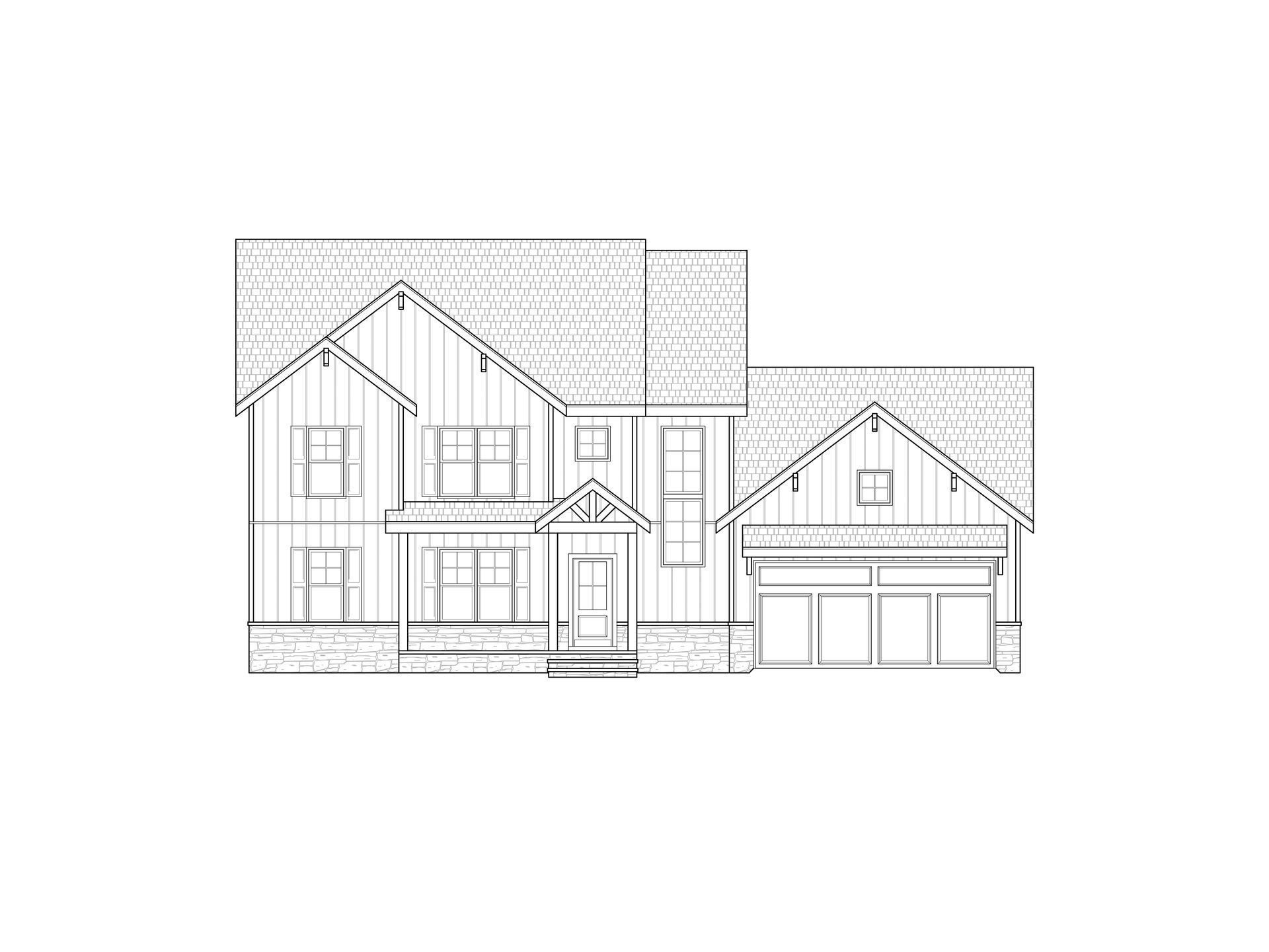 Front elevation drawing of a two-story house with attached garage and roof details