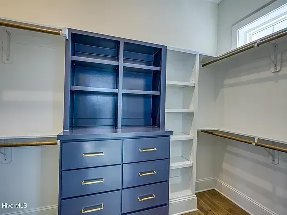 Built-in closet with blue shelving, drawers, and hanging rods on both sides