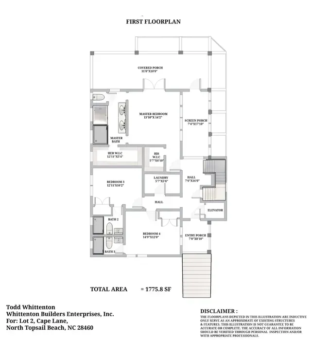 First-floor house plan with labeled rooms, stairs, and total area details.