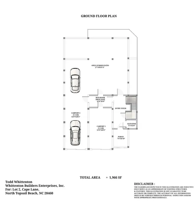 Ground floor plan of a house with garage, rooms, stairs, and two parked cars.