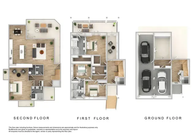 Three-floor house plan: second, first, and ground floor layouts with room furniture and two-car garage.