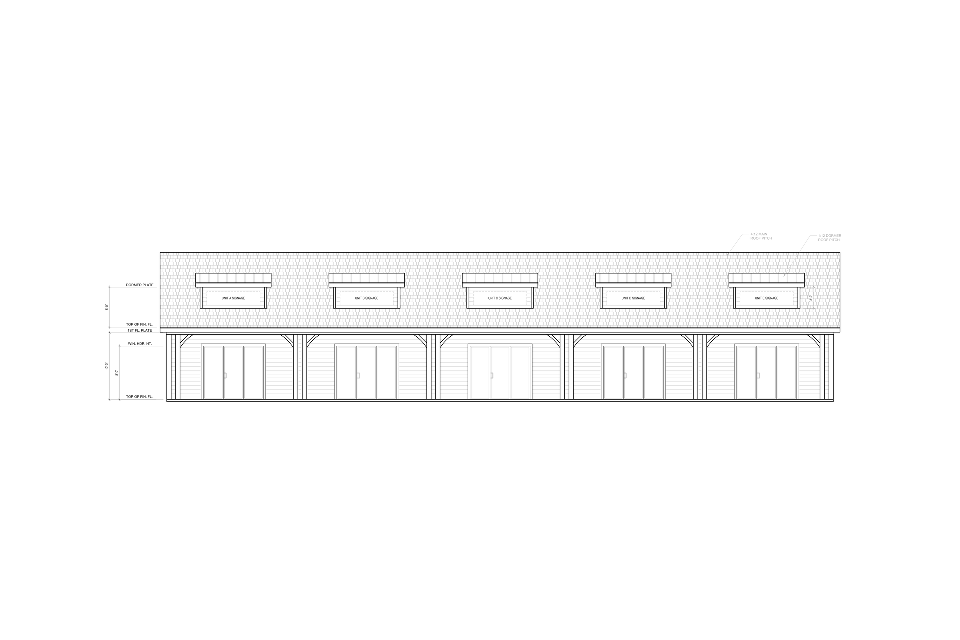 Minimalist building facade with windows and doors in light gray tones