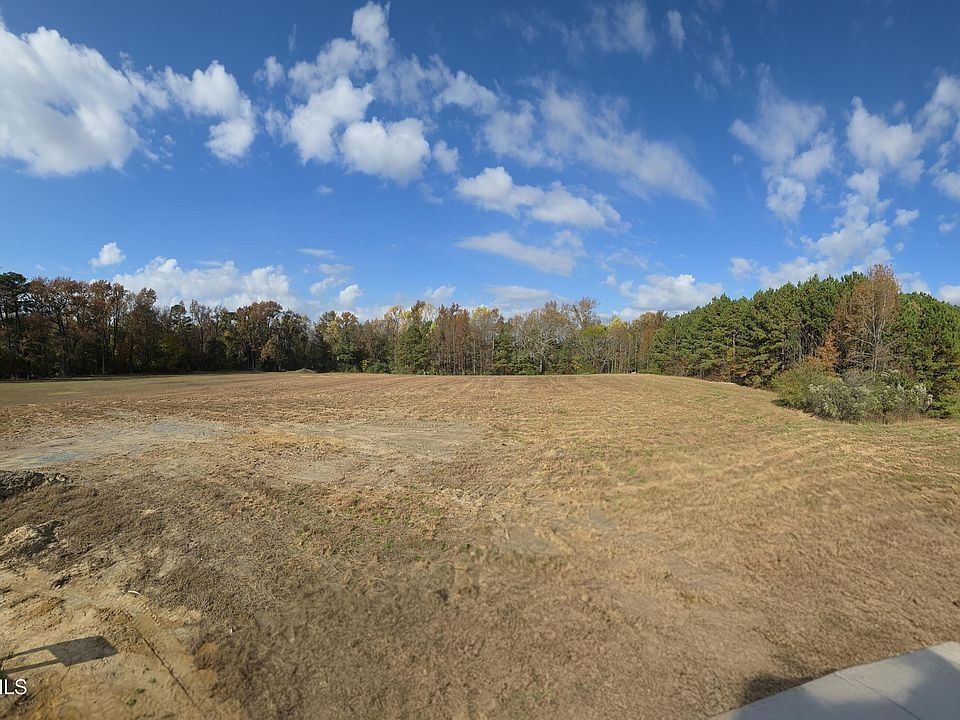 Open dirt clearing bordered by trees under a blue sky with scattered clouds