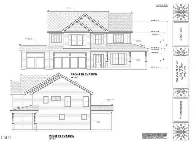 Architectural elevation drawings of a house showing front and side views with roof and window details