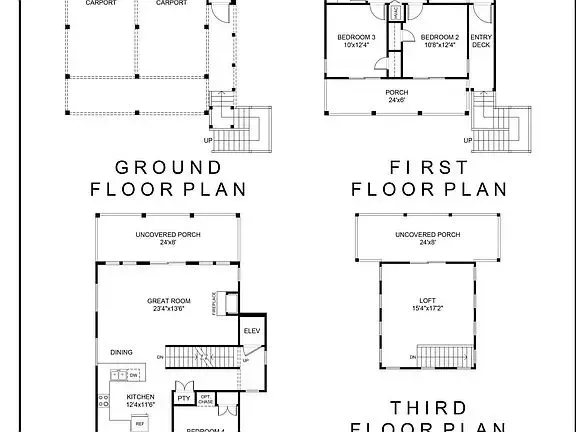 Architectural floor plan sheet showing ground, first, and third floor layouts