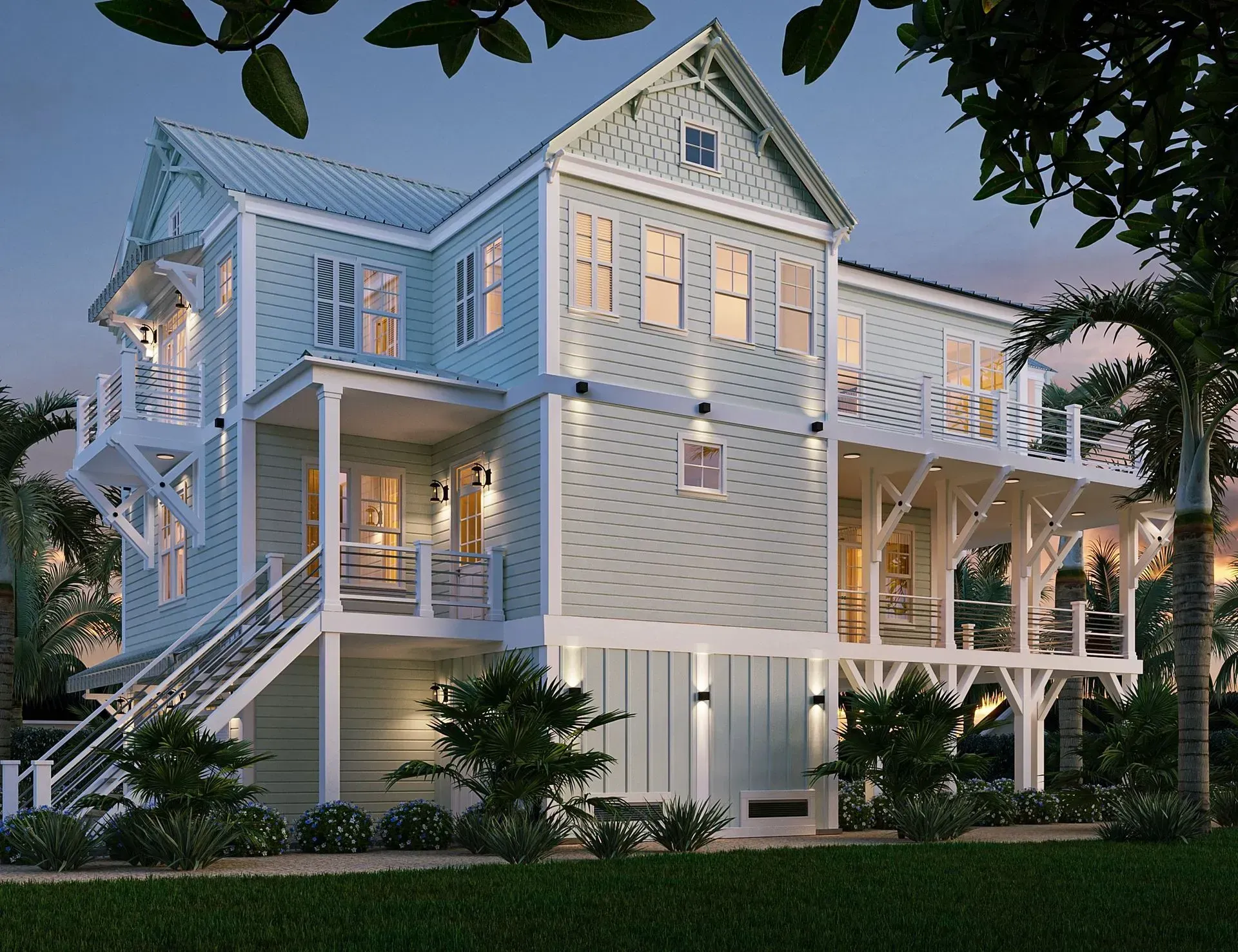 A light blue, multi-story coastal stilt house with white trim, wooden decks, and stairs at dusk.