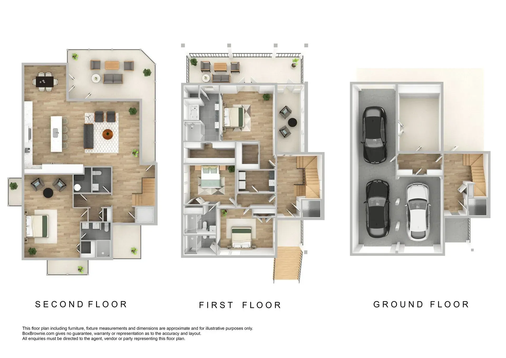 Floor plans for a three-story home, showing the ground floor garage, first floor bedrooms, and second floor living area.