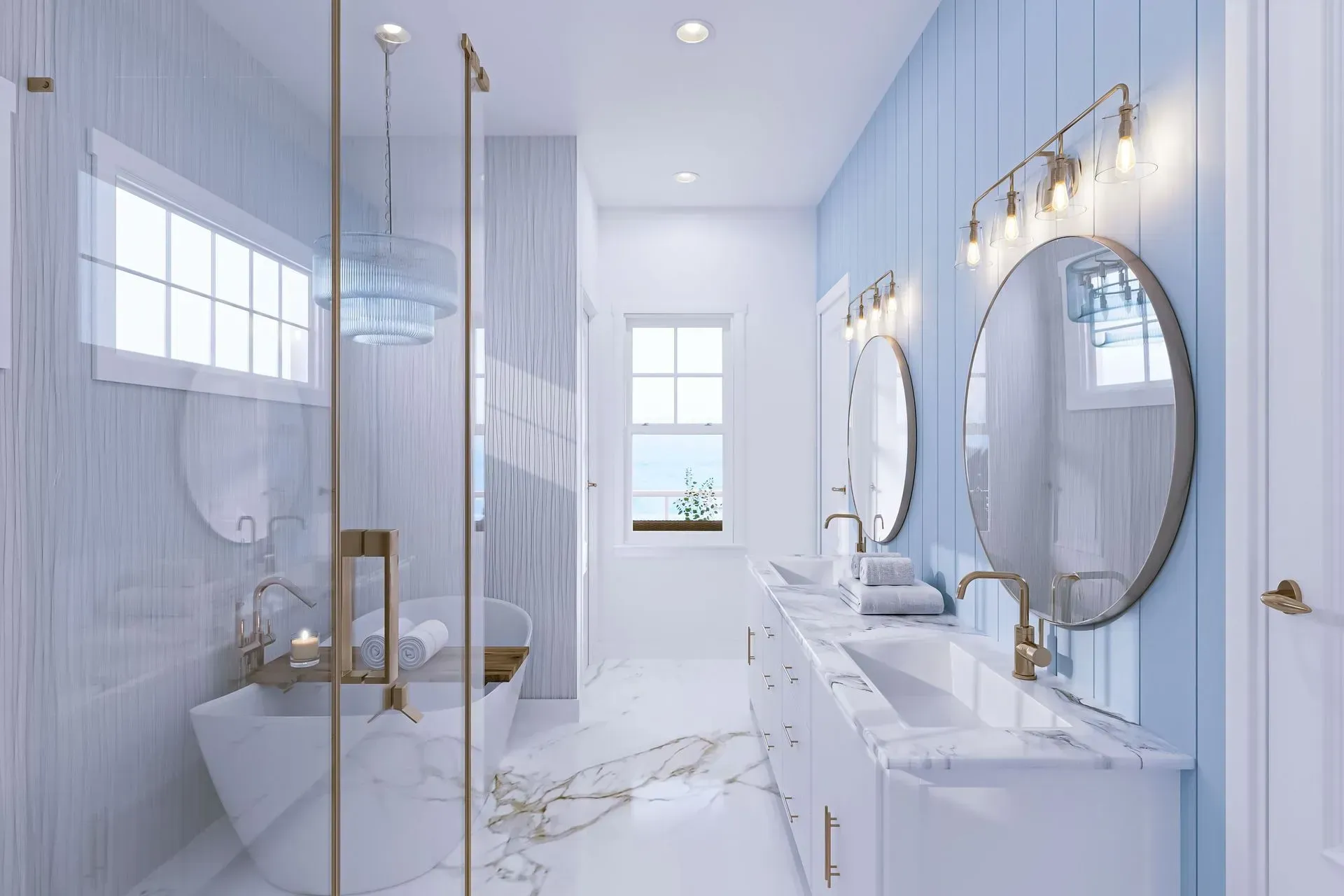 A modern bathroom with a freestanding tub, glass shower, double vanity, blue paneled walls, and two round mirrors.