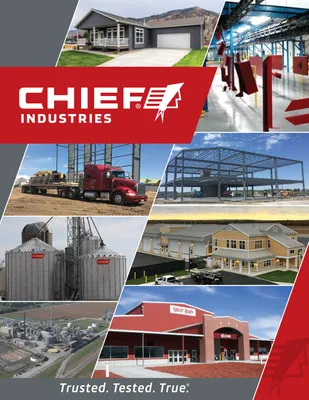 Chief Industries promotional collage showing construction projects, metal buildings, grain bins, and manufactured homes.