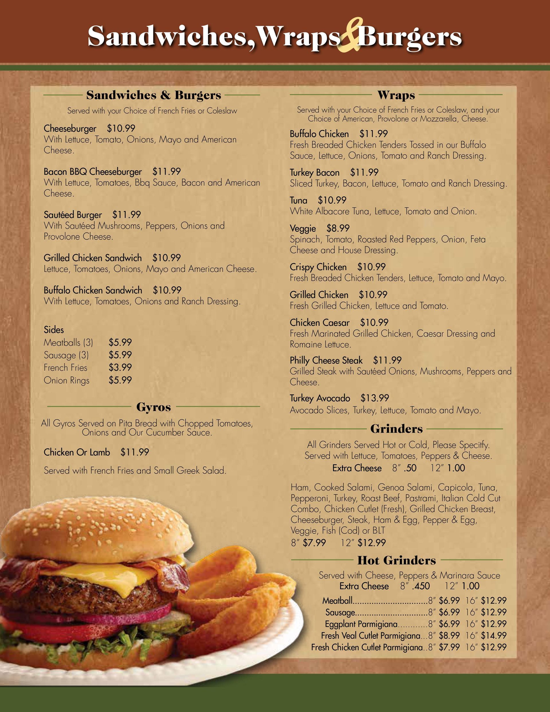 Sandwich wraps and burgers menu