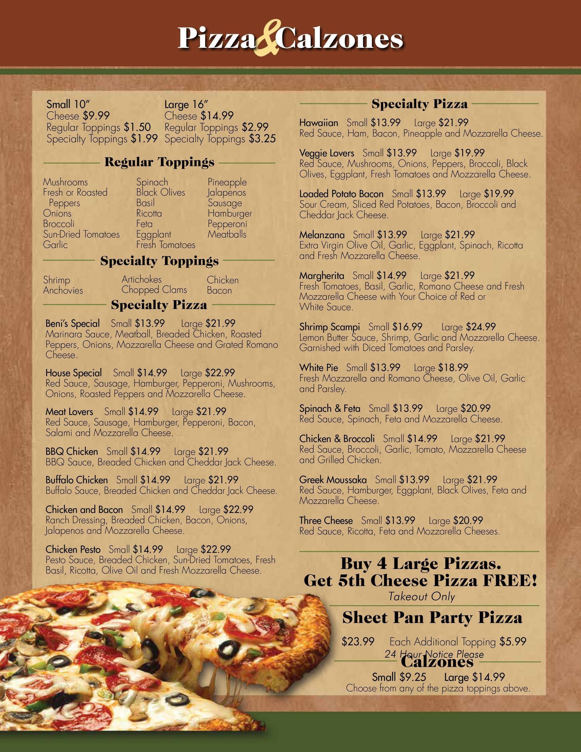 Pizza and calzones menu