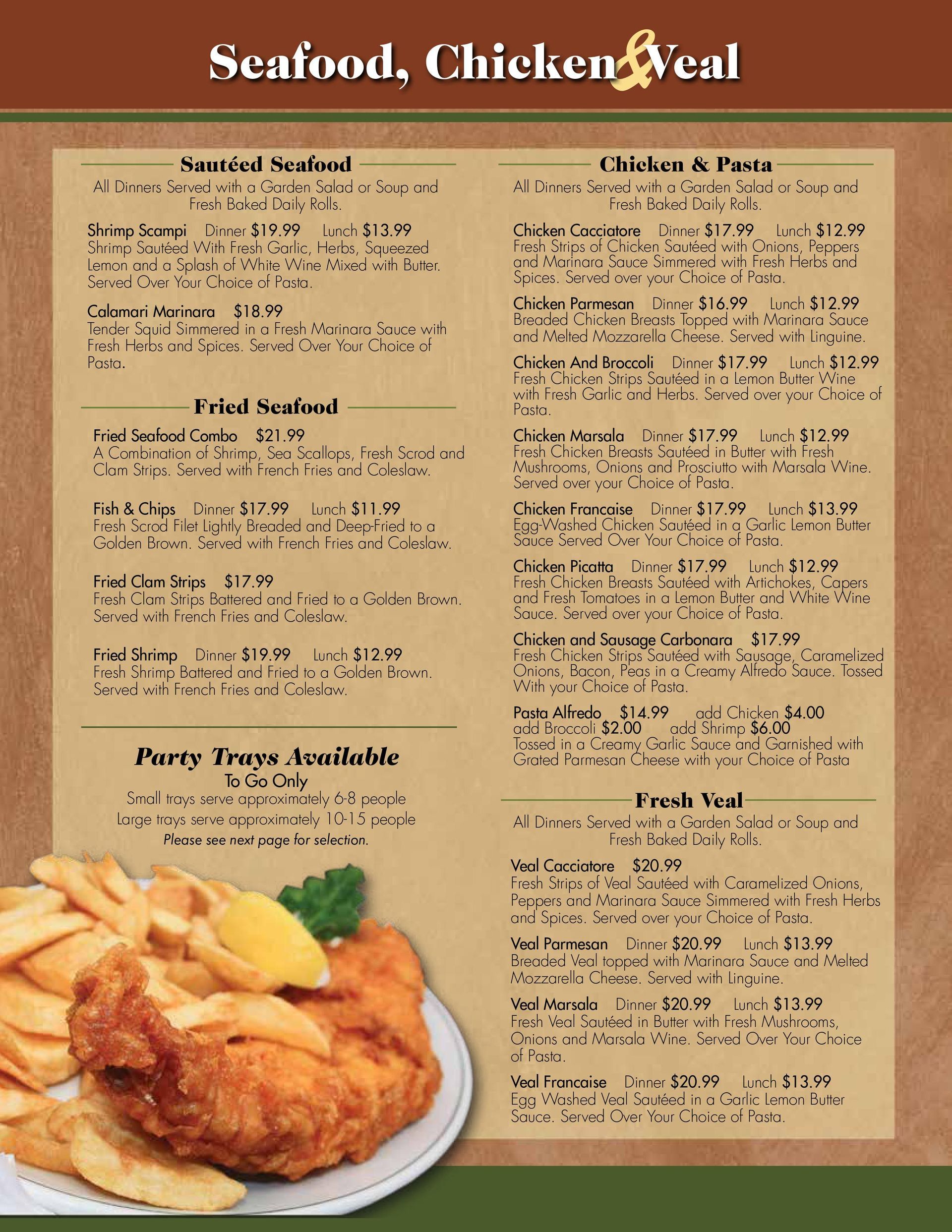 Seafood chicken and veal menu