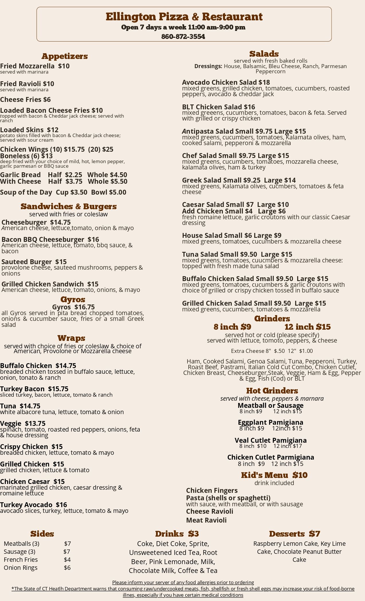Menu for Ellington's Pizza & Restaurant; includes appetizers, dinners, salads, and drinks.