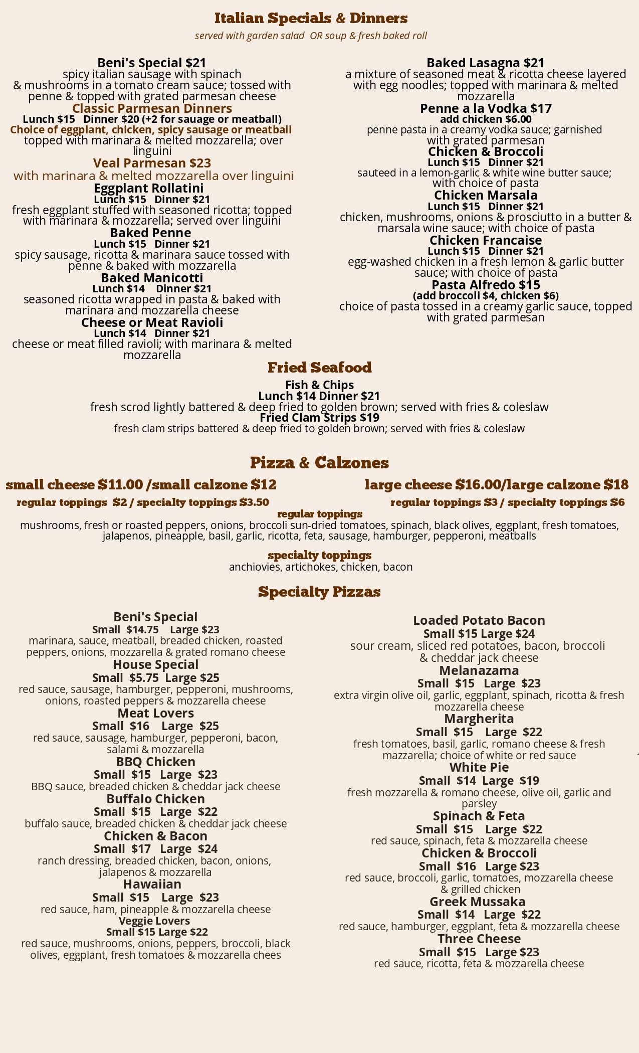 Menu with various dishes and prices.