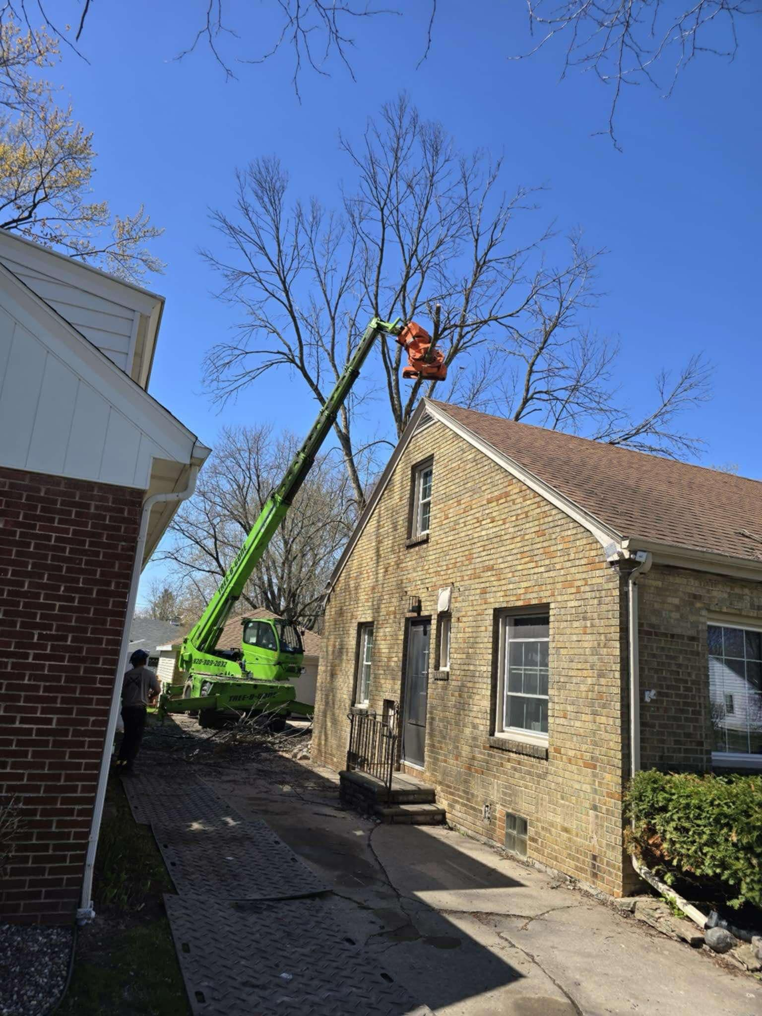 Green tree trimming truck reaches tall tree near a yellow brick house on a sunny day.