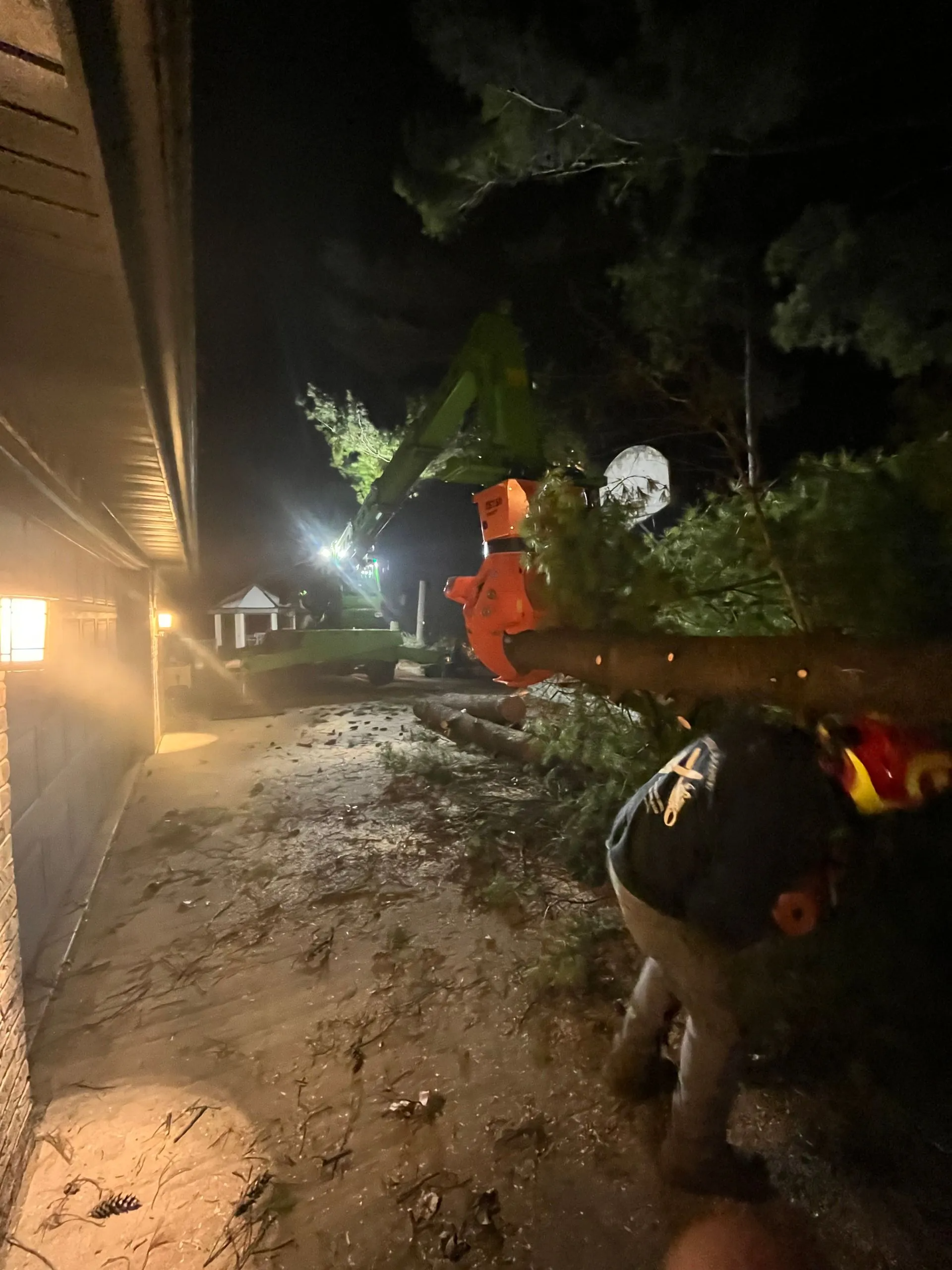 Two people cutting tree branch at night with a chainsaw, near a building with outdoor lighting.