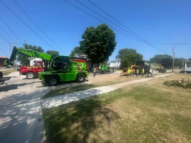 Construction crew working on a street with green machinery, bright blue sky.