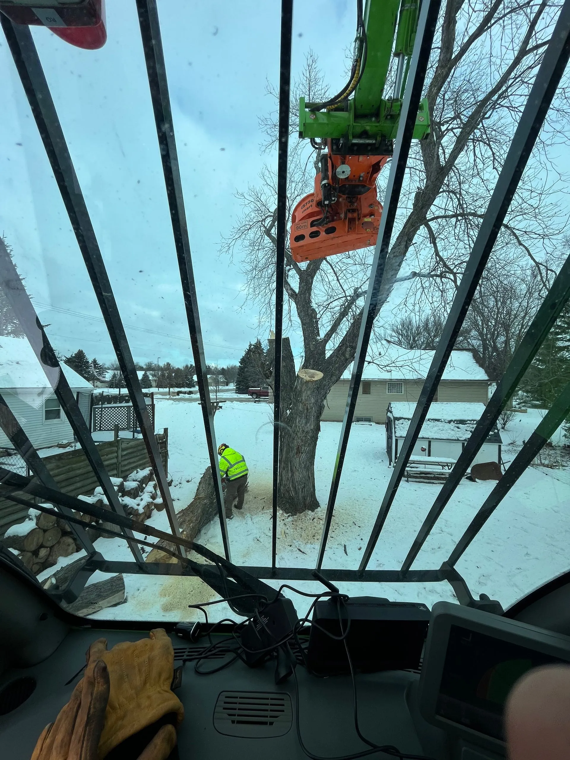 View from inside a tree-cutting machine. A worker in yellow vest cuts a tree in a snowy yard.